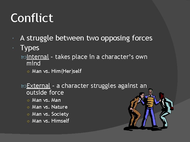 Conflict A struggle between two opposing forces Types Internal – takes place in a