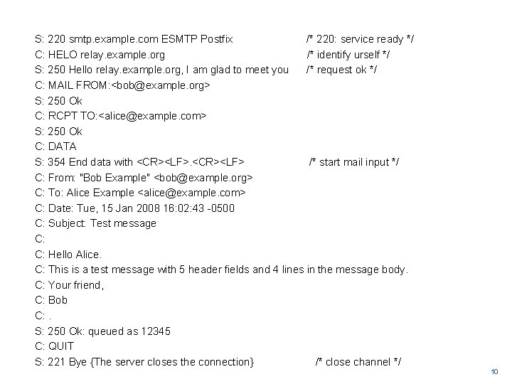 S: 220 smtp. example. com ESMTP Postfix /* 220: service ready */ C: HELO