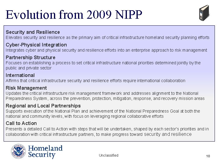 Evolution from 2009 NIPP Security and Resilience Elevates security and resilience as the primary Evolution from 2009 NIPP Security and Resilience Elevates security and resilience as the primary