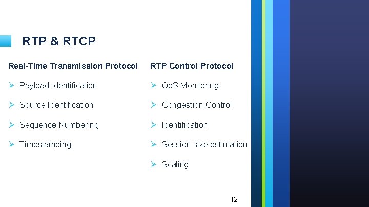 RTP & RTCP Real-Time Transmission Protocol RTP Control Protocol Ø Payload Identification Ø Qo.