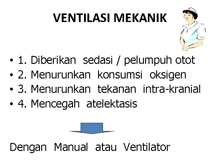 VENTILASI MEKANIK • • 1. 2. 3. 4. Diberikan sedasi / pelumpuh otot Menurunkan