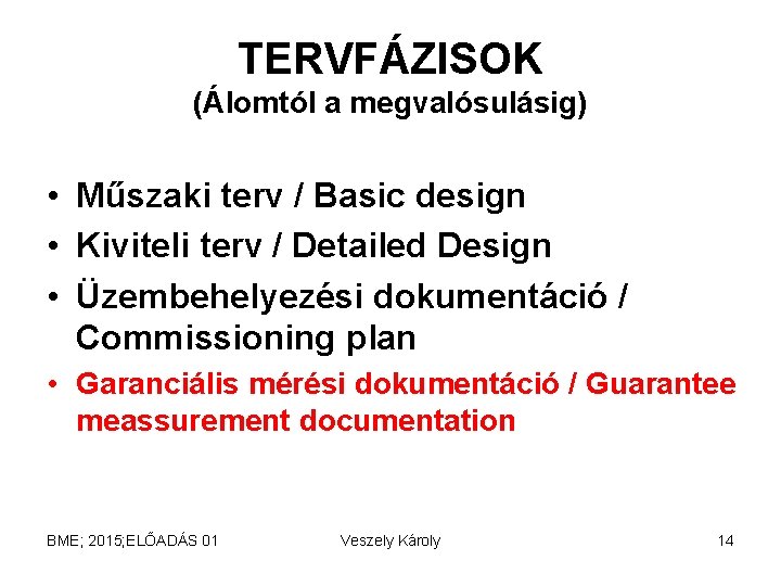 TERVFÁZISOK (Álomtól a megvalósulásig) • Műszaki terv / Basic design • Kiviteli terv / TERVFÁZISOK (Álomtól a megvalósulásig) • Műszaki terv / Basic design • Kiviteli terv /