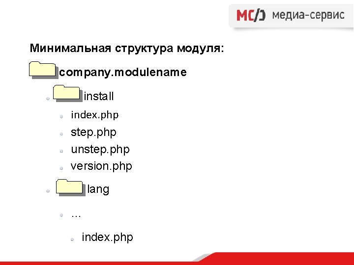 Минимальная структура модуля: company. modulename install index. php step. php unstep. php version. php