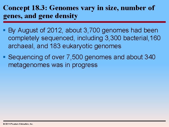 Concept 18. 3: Genomes vary in size, number of genes, and gene density §