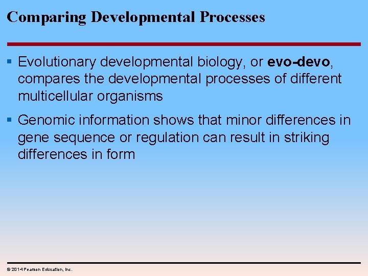 Comparing Developmental Processes § Evolutionary developmental biology, or evo-devo, compares the developmental processes of