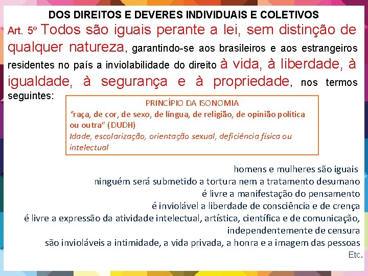 DOS DIREITOS E DEVERES INDIVIDUAIS E COLETIVOS Todos são iguais perante a lei, sem DOS DIREITOS E DEVERES INDIVIDUAIS E COLETIVOS Todos são iguais perante a lei, sem