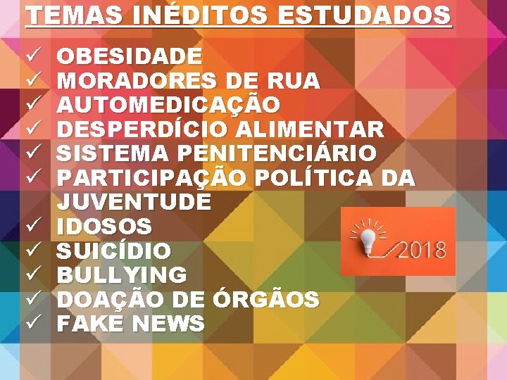 TEMAS INÉDITOS ESTUDADOS ü ü ü OBESIDADE MORADORES DE RUA AUTOMEDICAÇÃO DESPERDÍCIO ALIMENTAR SISTEMA TEMAS INÉDITOS ESTUDADOS ü ü ü OBESIDADE MORADORES DE RUA AUTOMEDICAÇÃO DESPERDÍCIO ALIMENTAR SISTEMA