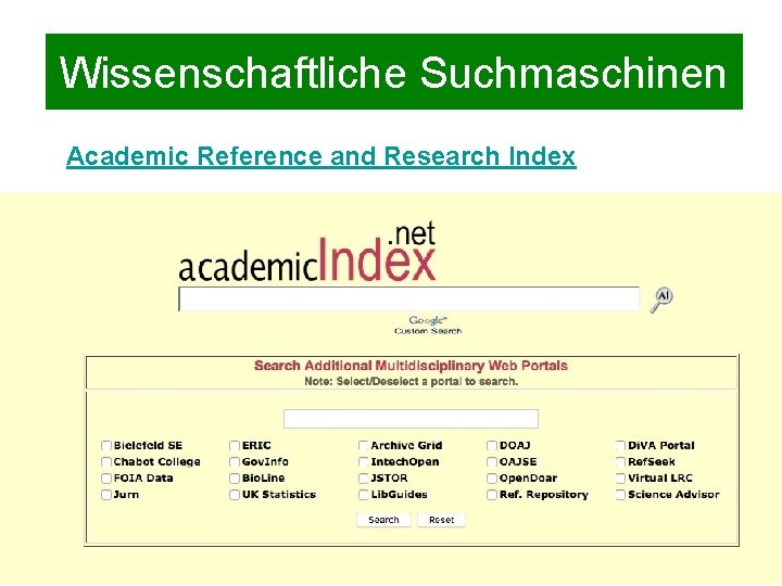 Wissenschaftliche Suchmaschinen Academic Reference and Research Index 
