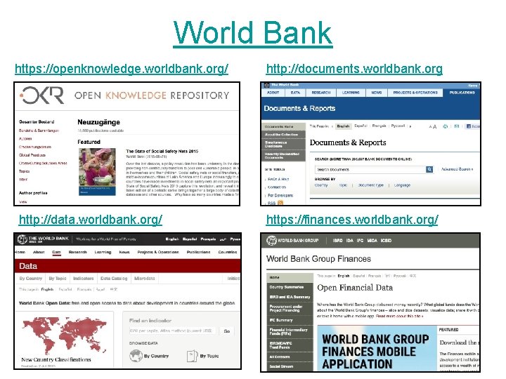 World Bank https: //openknowledge. worldbank. org/ http: //data. worldbank. org/ http: //documents. worldbank. org