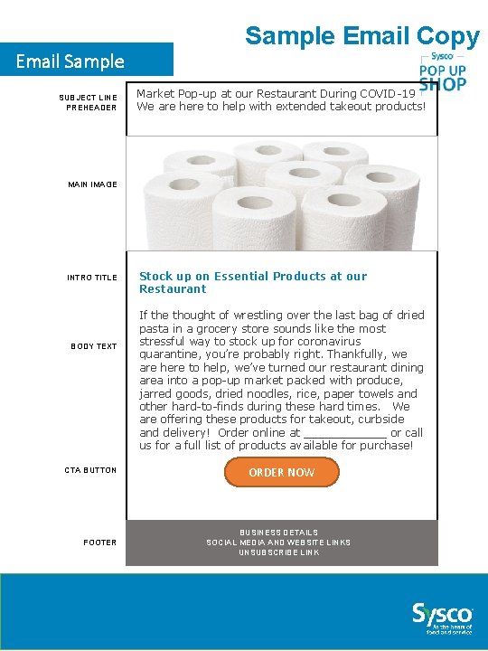 Email Sample SUBJECT LINE PREHEADER Sample Email Copy Market Pop-up at our Restaurant During