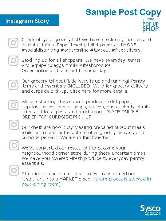 Instagram Story Sample Post Copy Check off your grocery list! We have stock on