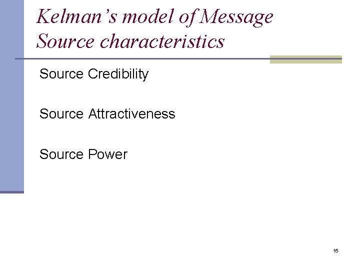 Kelman’s model of Message Source characteristics Source Credibility Source Attractiveness Source Power 15 Kelman’s model of Message Source characteristics Source Credibility Source Attractiveness Source Power 15