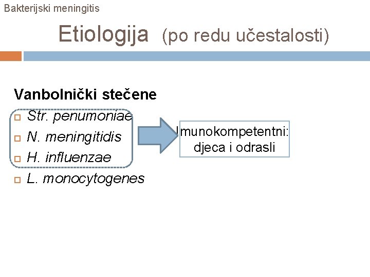 Bakterijski meningitis Etiologija (po redu učestalosti) Vanbolnički stečene Str. penumoniae N. meningitidis H. influenzae