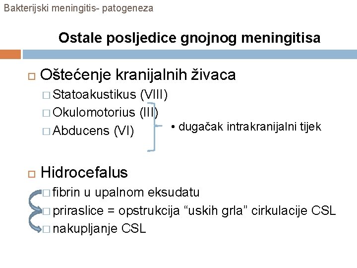 Bakterijski meningitis- patogeneza Ostale posljedice gnojnog meningitisa Oštećenje kranijalnih živaca � Statoakustikus (VIII) �