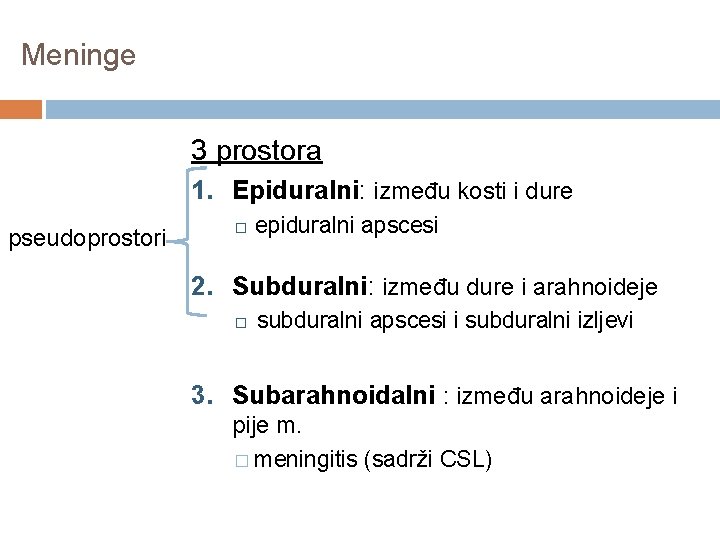 Meninge 3 prostora 1. Epiduralni: između kosti i dure pseudoprostori � epiduralni apscesi 2.