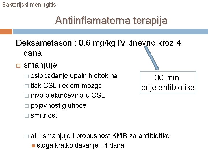 Bakterijski meningitis Antiinflamatorna terapija Deksametason : 0, 6 mg/kg IV dnevno kroz 4 dana