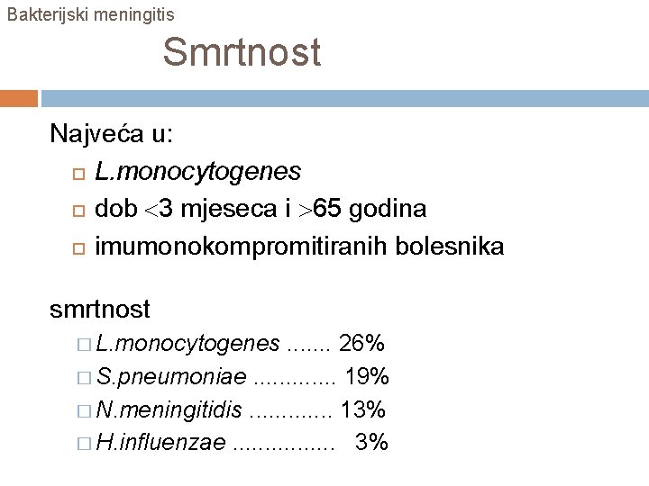 Bakterijski meningitis Smrtnost Najveća u: L. monocytogenes dob 3 mjeseca i 65 godina imumonokompromitiranih
