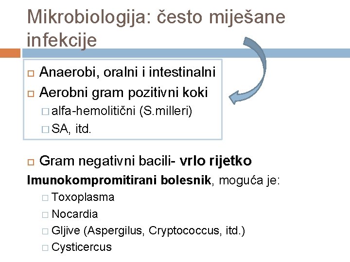 Mikrobiologija: često miješane infekcije Anaerobi, oralni i intestinalni Aerobni gram pozitivni koki � alfa-hemolitični