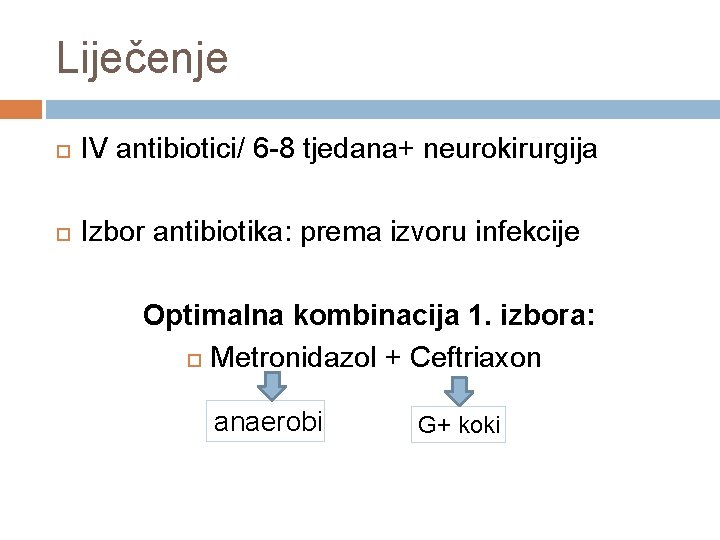 Liječenje IV antibiotici/ 6 -8 tjedana+ neurokirurgija Izbor antibiotika: prema izvoru infekcije Optimalna kombinacija