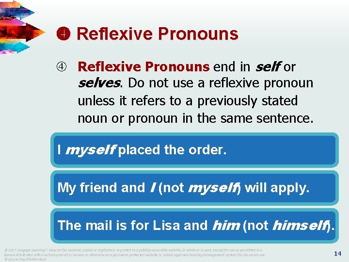 Reflexive Pronouns end in self or selves. Do not use a reflexive pronoun Reflexive Pronouns end in self or selves. Do not use a reflexive pronoun