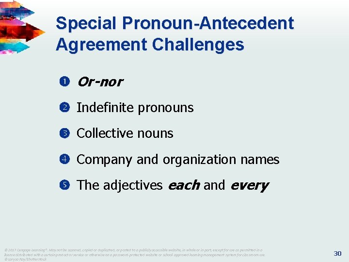 Special Pronoun-Antecedent Agreement Challenges Or-nor Indefinite pronouns Collective nouns Company and organization names The Special Pronoun-Antecedent Agreement Challenges Or-nor Indefinite pronouns Collective nouns Company and organization names The