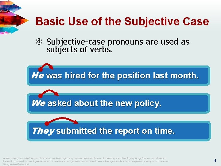 Basic Use of the Subjective Case Subjective-case pronouns are used as subjects of verbs. Basic Use of the Subjective Case Subjective-case pronouns are used as subjects of verbs.