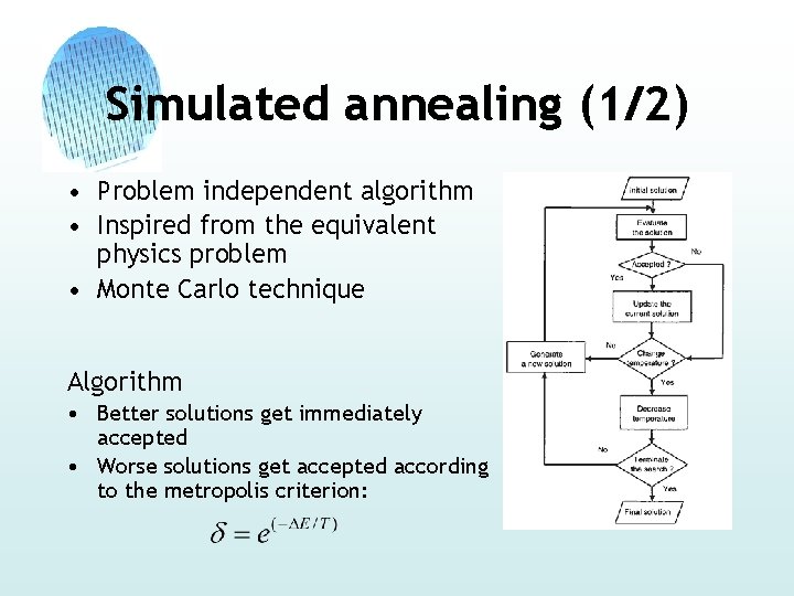 Simulated annealing (1/2) • Problem independent algorithm • Inspired from the equivalent physics problem