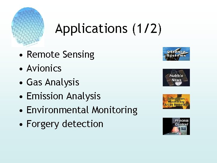 Applications (1/2) • • • Remote Sensing Avionics Gas Analysis Emission Analysis Environmental Monitoring