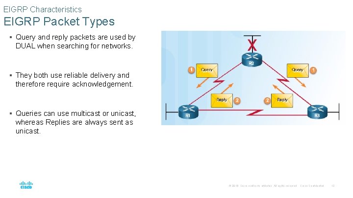 EIGRP Characteristics EIGRP Packet Types § Query and reply packets are used by DUAL