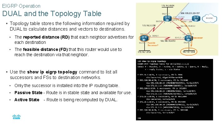 EIGRP Operation DUAL and the Topology Table § Topology table stores the following information