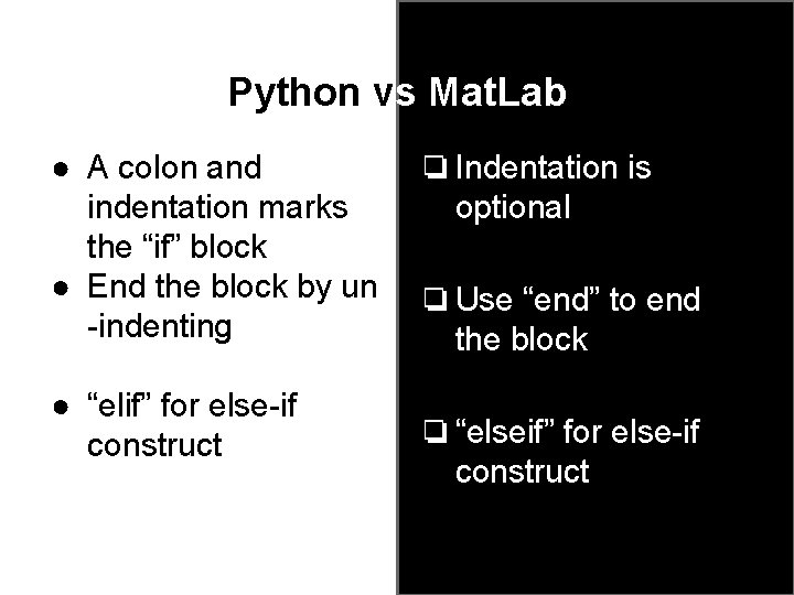 Python vs Mat. Lab ● A colon and indentation marks the “if” block ● Python vs Mat. Lab ● A colon and indentation marks the “if” block ●