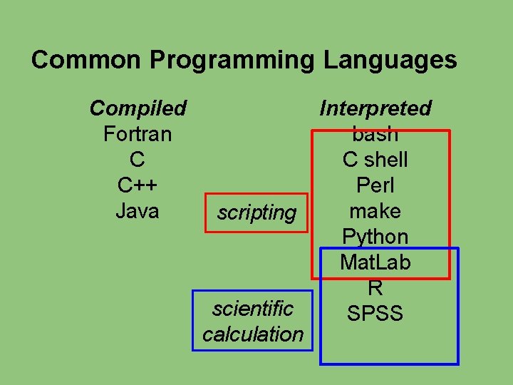 Common Programming Languages Compiled Fortran C C++ Java scripting scientific calculation Interpreted bash C Common Programming Languages Compiled Fortran C C++ Java scripting scientific calculation Interpreted bash C