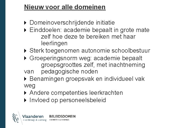 Nieuw voor alle domeinen Domeinoverschrijdende initiatie Einddoelen: academie bepaalt in grote mate zelf hoe