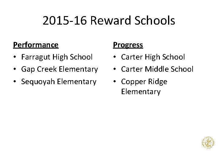 2015 -16 Reward Schools Performance • Farragut High School • Gap Creek Elementary •