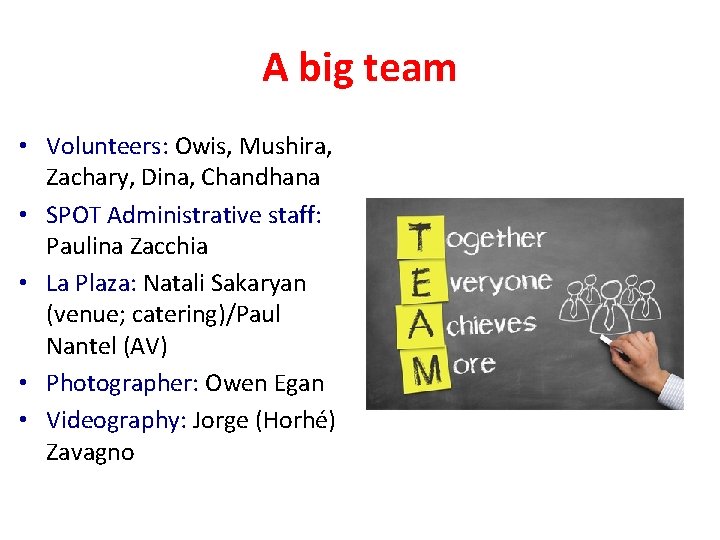 A big team • Volunteers: Owis, Mushira, Zachary, Dina, Chandhana • SPOT Administrative staff: