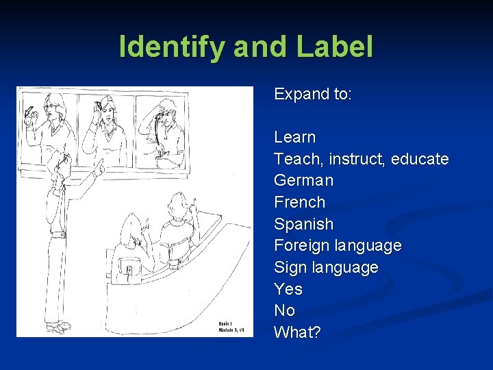 Identify and Label Expand to: Learn Teach, instruct, educate German French Spanish Foreign language