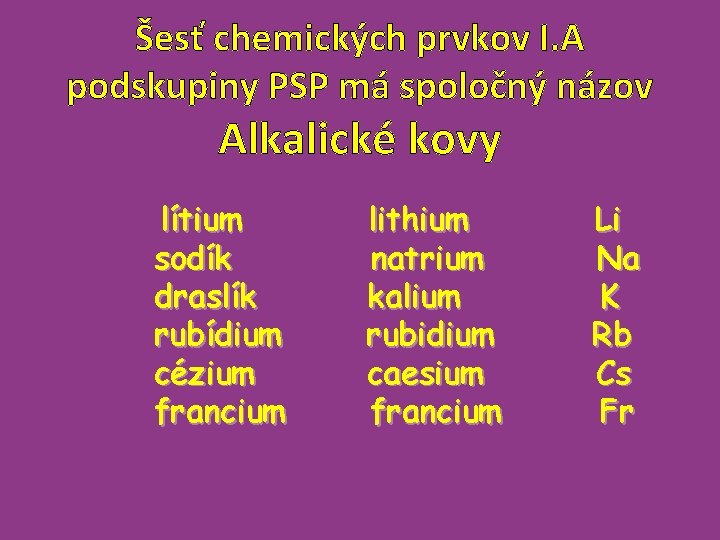 Šesť chemických prvkov I. A podskupiny PSP má spoločný názov Alkalické kovy lítium sodík