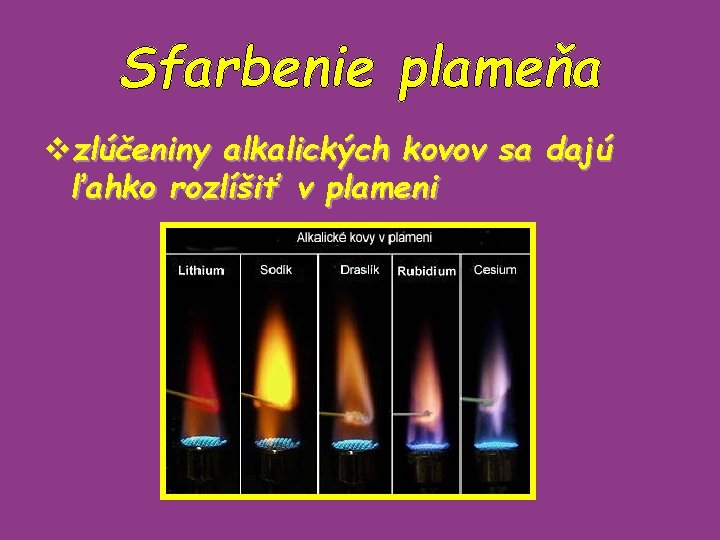 Sfarbenie plameňa vzlúčeniny alkalických kovov sa dajú ľahko rozlíšiť v plameni 