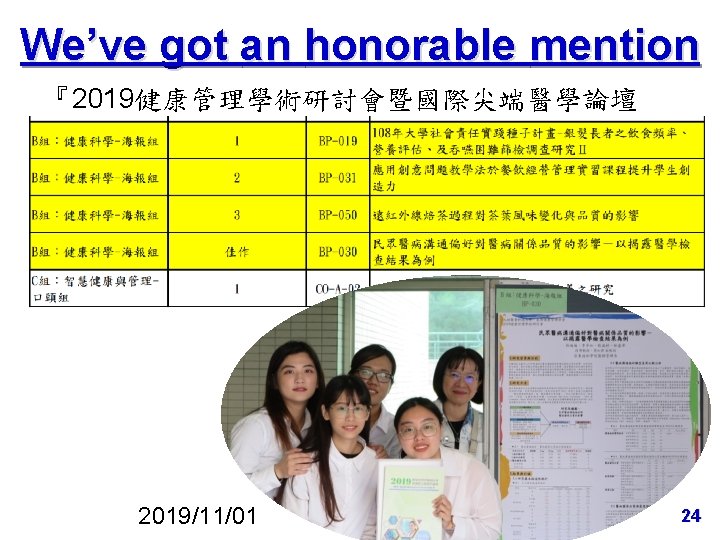 We’ve got an honorable mention 『2019健康管理學術研討會暨國際尖端醫學論壇 』 2019/11/01 24 