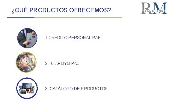 ¿QUÉ PRODUCTOS OFRECEMOS? 1. CRÉDITO PERSONAL PAE 2. TU APOYO PAE 3. CATÁLOGO DE