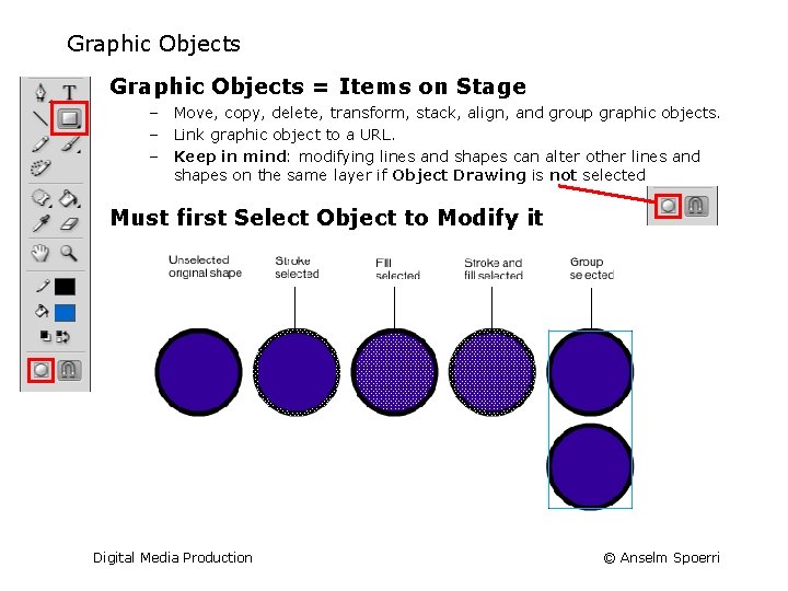 Graphic Objects = Items on Stage – Move, copy, delete, transform, stack, align, and