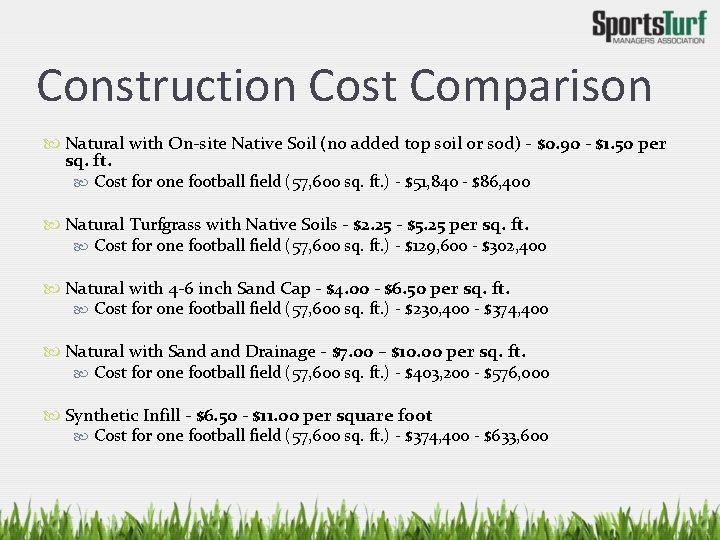 Construction Cost Comparison Natural with On-site Native Soil (no added top soil or sod)