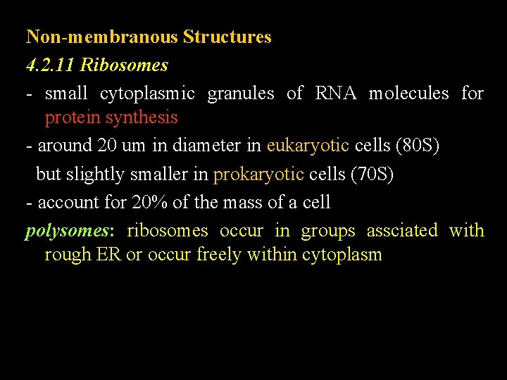 Non-membranous Structures 4. 2. 11 Ribosomes - small cytoplasmic granules of RNA molecules for