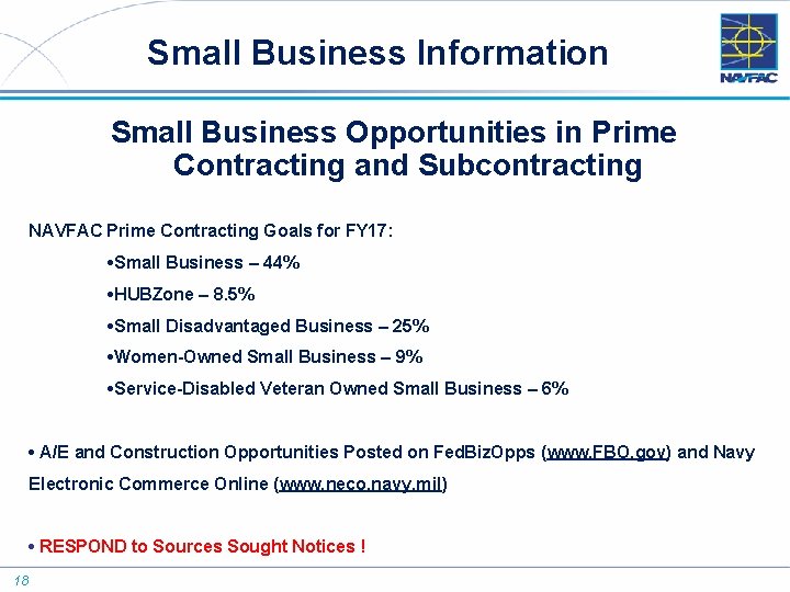 Small Business Information Small Business Opportunities in Prime Contracting and Subcontracting NAVFAC Prime Contracting