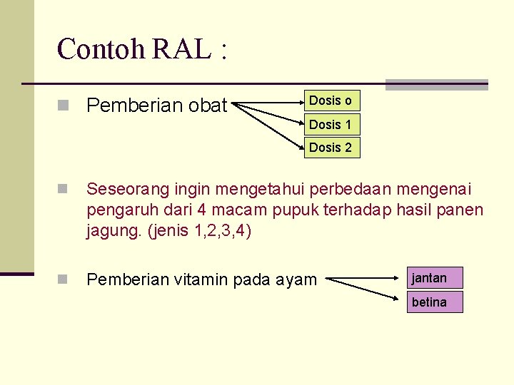 Contoh RAL : n Pemberian obat Dosis o Dosis 1 Dosis 2 n Seseorang