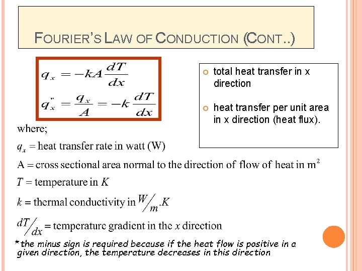 FOURIER’S LAW OF CONDUCTION (CONT. . ) total heat transfer in x direction heat