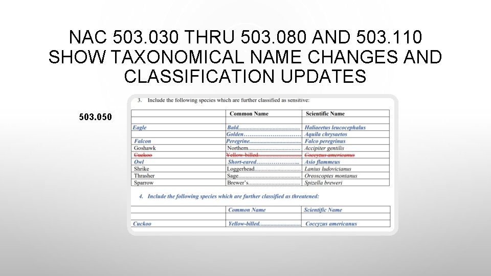 NAC 503. 030 THRU 503. 080 AND 503. 110 SHOW TAXONOMICAL NAME CHANGES AND