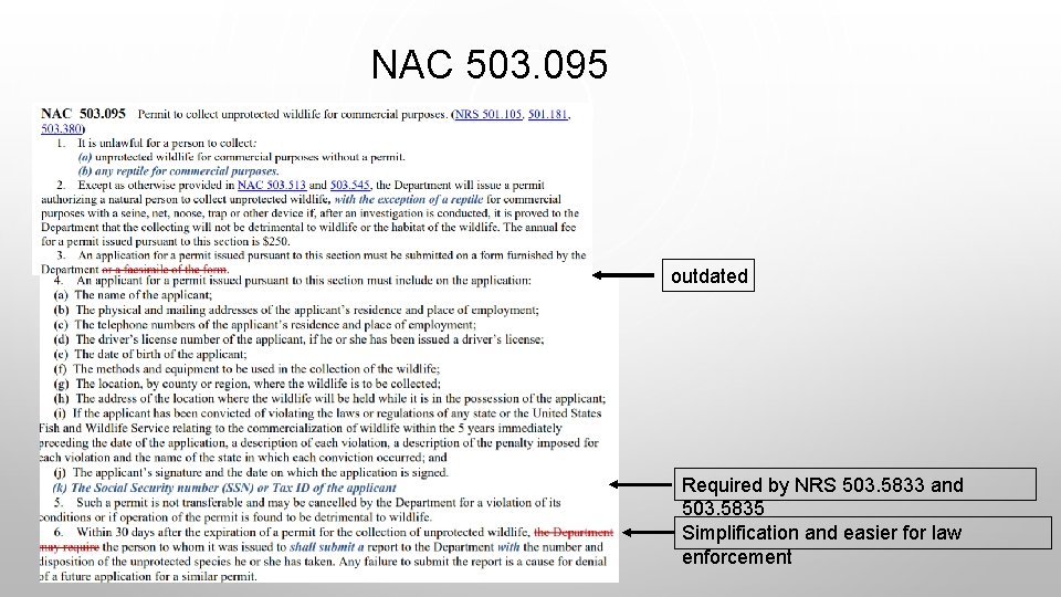 NAC 503. 095 outdated Required by NRS 503. 5833 and 503. 5835 Simplification and