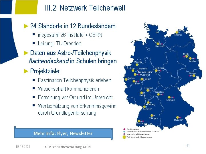 III. 2. Netzwerk Teilchenwelt ► 24 Standorte in 12 Bundesländern § insgesamt 26 Institute
