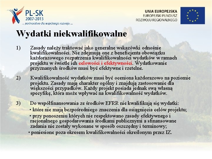Wydatki niekwalifikowalne 1) Zasady należy traktować jako generalne wskazówki odnośnie kwalifikowalności. Nie zdejmują one Wydatki niekwalifikowalne 1) Zasady należy traktować jako generalne wskazówki odnośnie kwalifikowalności. Nie zdejmują one